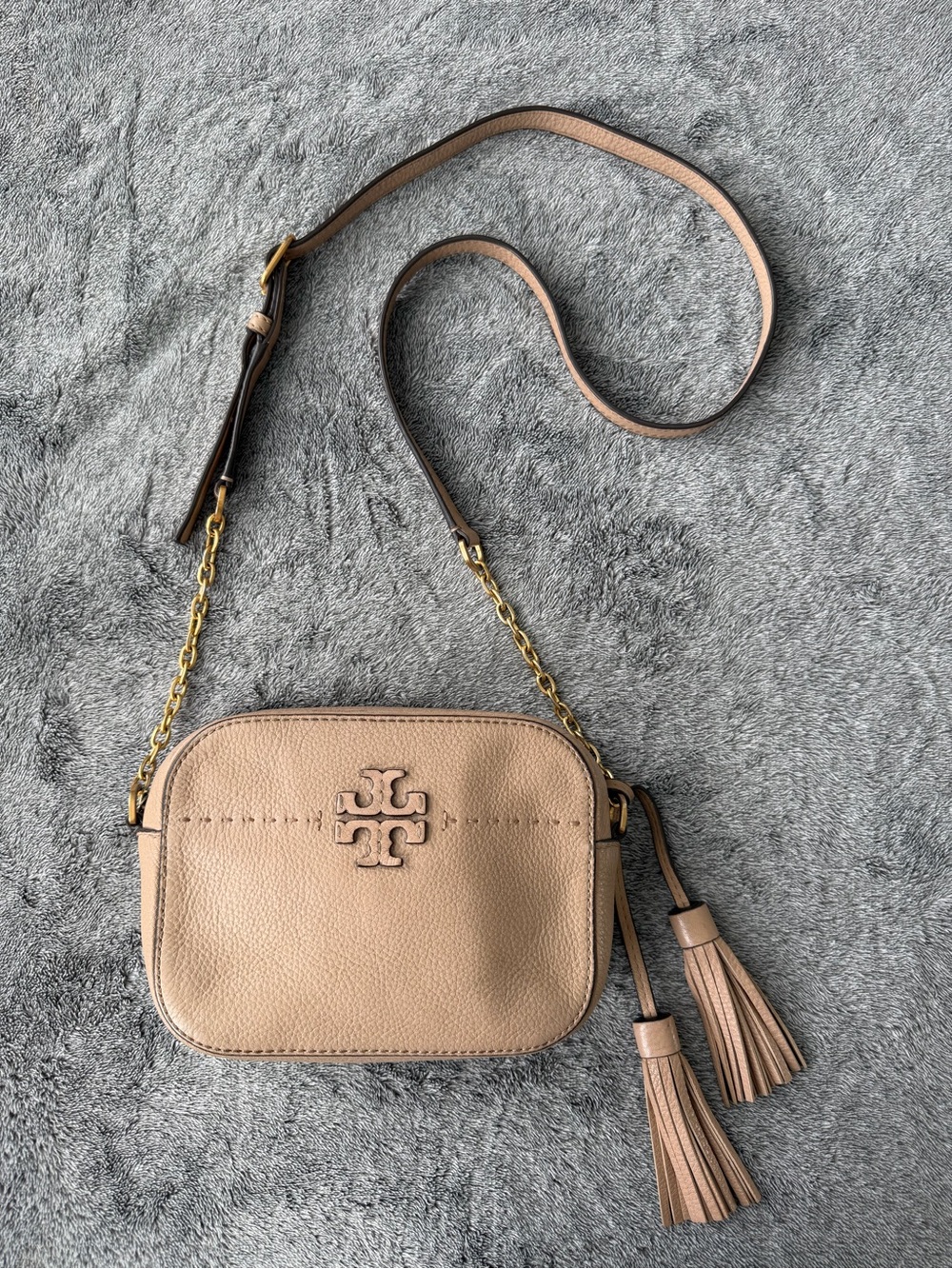 Tory Burch Pebbled Leather Crossbody in Taupe with Tassels - Picture 1 of 6